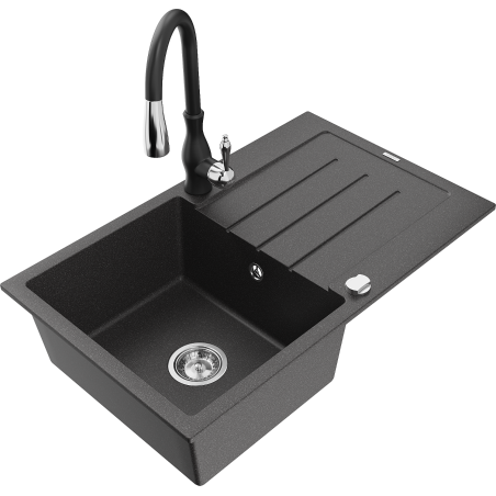 Mexen Bruno 1-compartment granite sink with a drip tray and kitchen mixer tap Savita, spotted black - 6513-76-672601-70