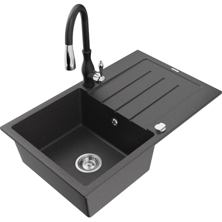 Mexen Bruno granite kitchen sink single-bowl with drainer and Savita kitchen faucet, black speckled - 6513-76-672601-70