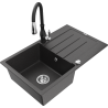 Mexen Bruno granite sink 1-bowl with drainer and Savita kitchen tap, speckled black - 6513-76-672601-70