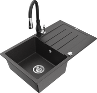 Mexen Bruno granite sink 1-bowl with drainer and Savita kitchen tap, speckled black - 6513-76-672601-70