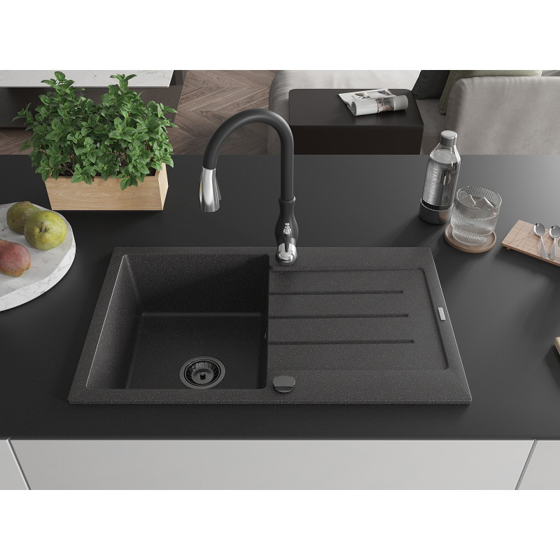 Mexen Bruno 1-bowl granite sink with drainer and Savita kitchen faucet, black speckled - 6513-76-672601-70-B