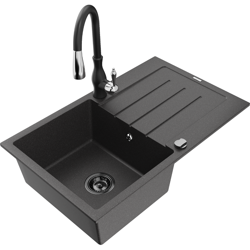 Mexen Bruno granite sink 1-bowl with drainer and Savita kitchen tap, speckled black - 6513-76-672601-70-B
