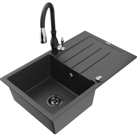 Mexen Bruno granite kitchen sink 1-bowl with drainer and kitchen faucet Savita, black speckled - 6513-76-672601-70-B