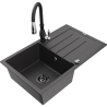 Mexen Bruno granite sink 1-bowl with drainer and Savita kitchen tap, speckled black - 6513-76-672601-70-B