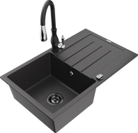 Mexen Bruno granite sink 1-bowl with drainer and Savita kitchen tap, speckled black - 6513-76-672601-70-B