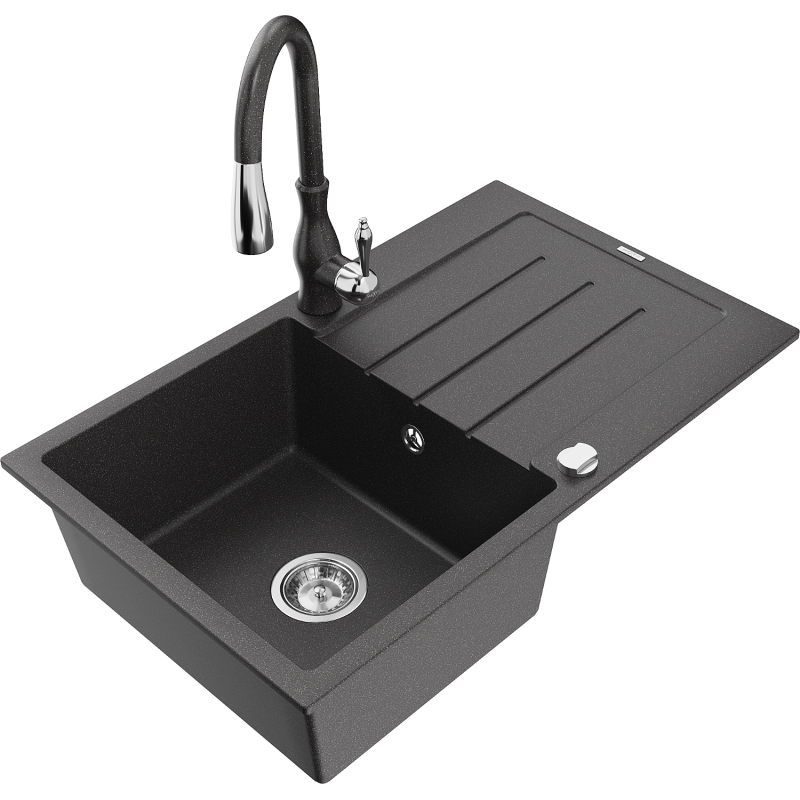 Mexen Bruno 1-compartment granite sink with a drip tray and kitchen mixer tap Savita, spotted black - 6513-76-672601-76