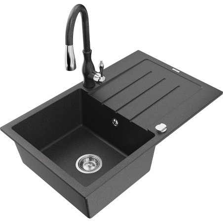 Mexen Bruno 1-bowl granite sink with drainer and Savita kitchen faucet, speckled black - 6513-76-672601-76