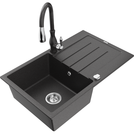 Mexen Bruno granite sink 1-bowl with drainer and Savita kitchen tap, black speckled - 6513-76-672601-76