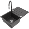 Mexen Bruno granite sink 1-bowl with drainer and Savita kitchen faucet, speckled black - 6513-76-672601-76