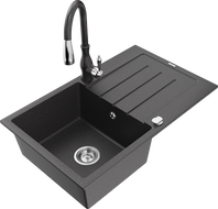 Mexen Bruno granite sink 1-bowl with drainer and Savita kitchen faucet, speckled black - 6513-76-672601-76