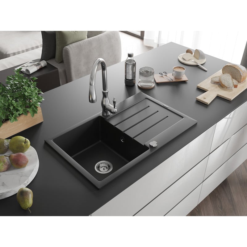 Mexen Bruno granite sink 1-bowl with drainer and Savita kitchen tap, black - 6513-77-672601-00