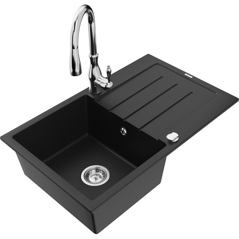 Mexen Bruno 1-bowl granite sink with drainer and Savita kitchen faucet, black - 6513-77-672601-00