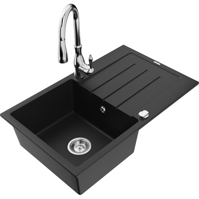 Mexen Bruno 1-compartment granite sink with a drip tray and kitchen mixer tap Savita, Black - 6513-77-672601-00