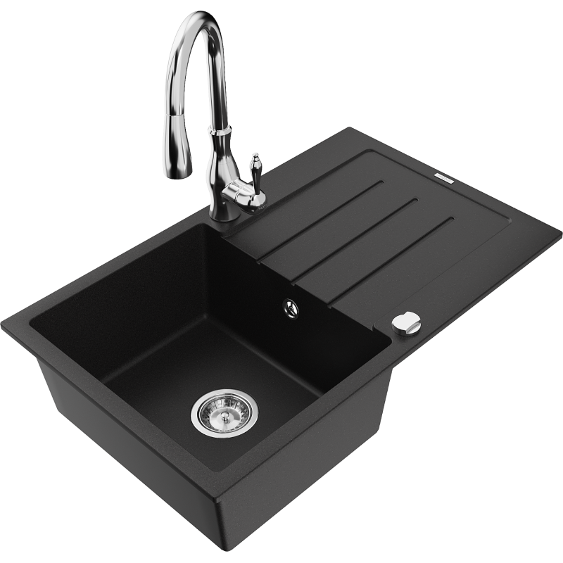 Mexen Bruno granite sink 1-bowl with drainer and Savita kitchen tap, black - 6513-77-672601-00