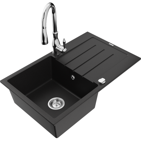 Mexen Bruno granite kitchen sink single bowl with drainer and Savita faucet, black - 6513-77-672601-00
