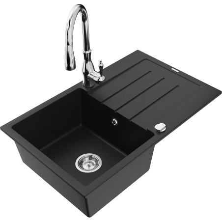 Mexen Bruno granite sink 1-bowl with drainer and Savita kitchen tap, black - 6513-77-672601-00
