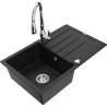 Mexen Bruno 1-bowl granite sink with drainer and Savita kitchen faucet, black - 6513-77-672601-00