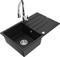 Mexen Bruno granite sink 1-bowl with drainer and Savita kitchen tap, black - 6513-77-672601-00