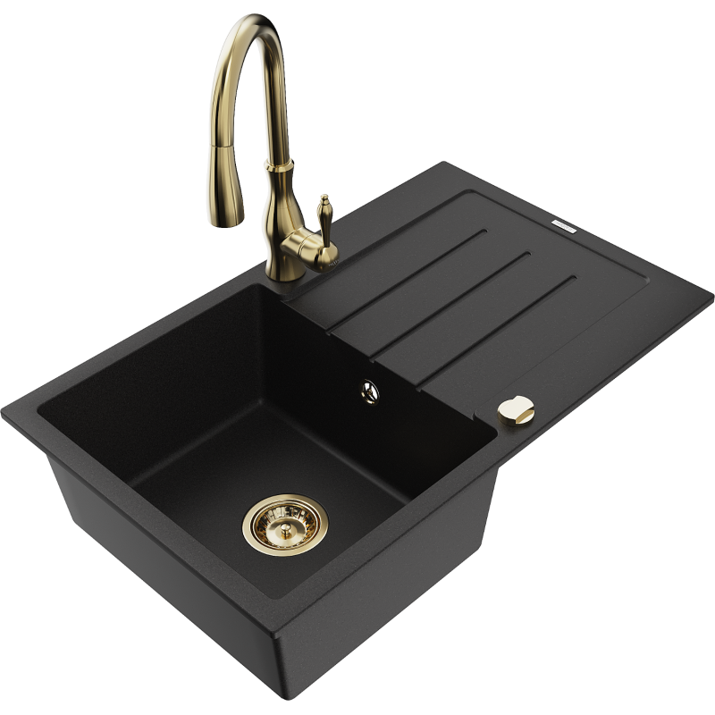 Mexen Bruno 1-compartment granite sink with a drip tray and kitchen mixer tap Savita, Black - 6513-77-672601-50