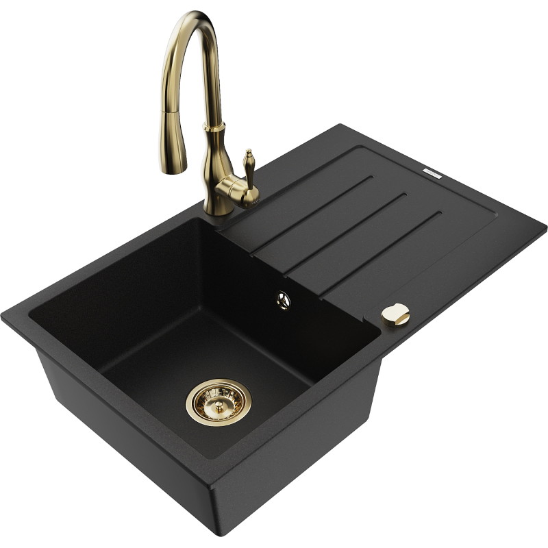 Mexen Bruno granite kitchen sink 1-bowl with drainer and Savita kitchen faucet, black - 6513-77-672601-50