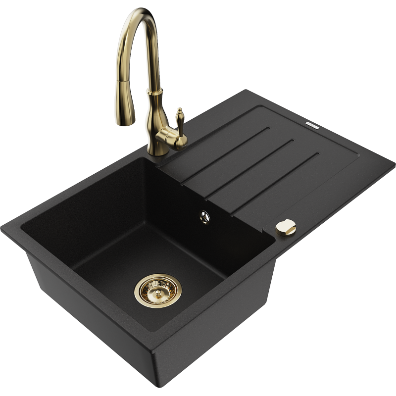Mexen Bruno granite sink 1-bowl with drainer and Savita kitchen tap, black - 6513-77-672601-50
