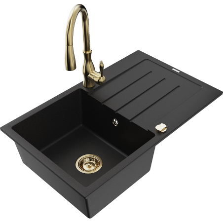 Mexen Bruno 1-compartment granite sink with a drip tray and kitchen mixer tap Savita, Black - 6513-77-672601-50