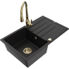 Mexen Bruno 1-bowl granite sink with drainer and Savita kitchen faucet, black - 6513-77-672601-50