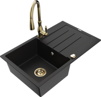 Mexen Bruno granite sink 1-bowl with drainer and Savita kitchen tap, black - 6513-77-672601-50