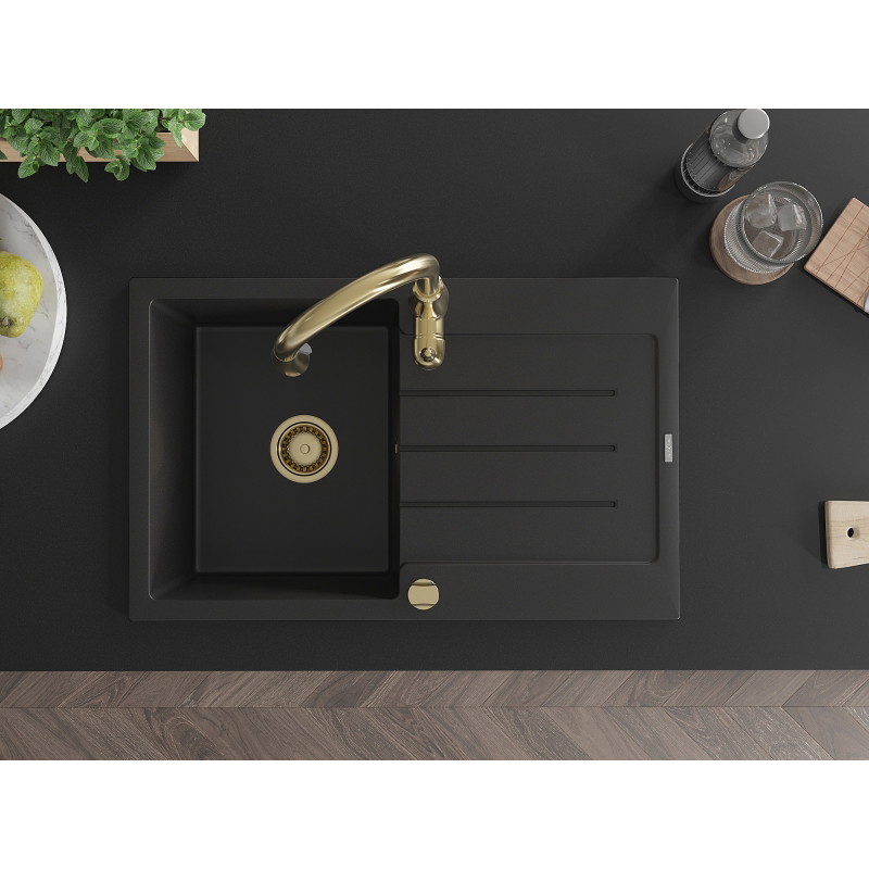 Mexen Bruno granite kitchen sink 1-bowl with drainer and Savita kitchen faucet, black - 6513-77-672601-50