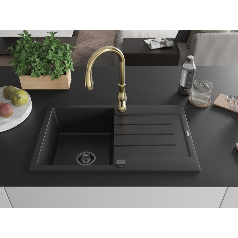 Mexen Bruno granite kitchen sink 1-bowl with drainer and Savita kitchen faucet, black - 6513-77-672601-50-B