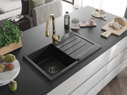 Mexen Bruno 1-bowl granite sink with drainer and Savita kitchen faucet, black - 6513-77-672601-50-B