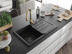 Mexen Bruno 1-compartment granite sink with a drip tray and kitchen mixer tap Savita, Black - 6513-77-672601-50-B