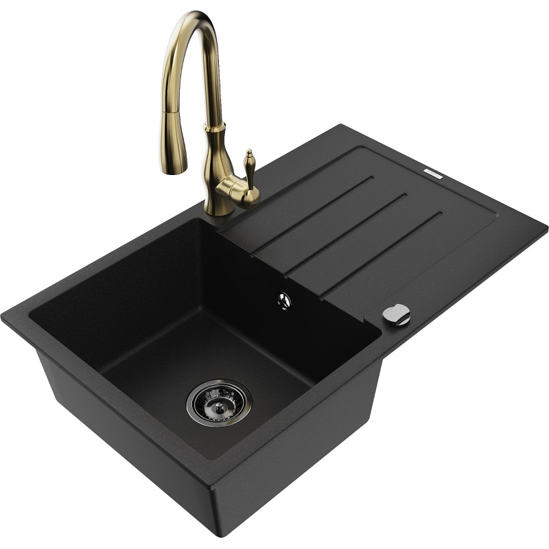 Mexen Bruno granite kitchen sink 1-bowl with drainer and Savita kitchen faucet, black - 6513-77-672601-50-B