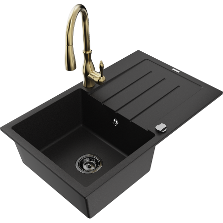 Mexen Bruno 1-compartment granite sink with a drip tray and kitchen mixer tap Savita, Black - 6513-77-672601-50-B