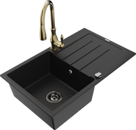 Mexen Bruno granite sink 1-bowl with drainer and Savita kitchen tap, black - 6513-77-672601-50-B