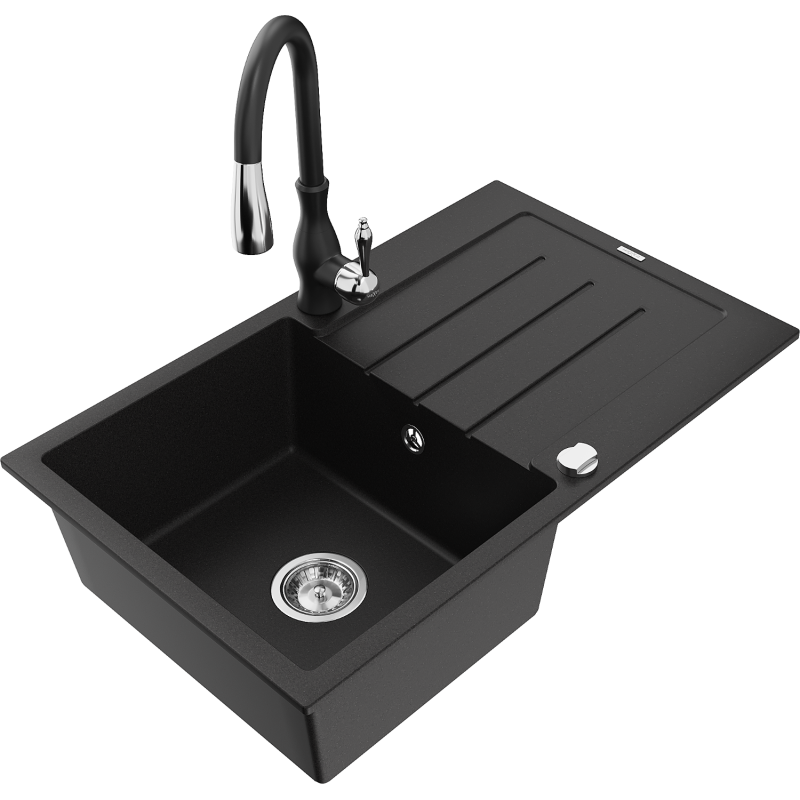 Mexen Bruno Granite Sink 1-Bowl with Drainer and Savita Kitchen Tap, Black - 6513-77-672601-70