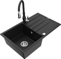 Mexen Bruno Granite Sink 1-Bowl with Drainer and Savita Kitchen Tap, Black - 6513-77-672601-70