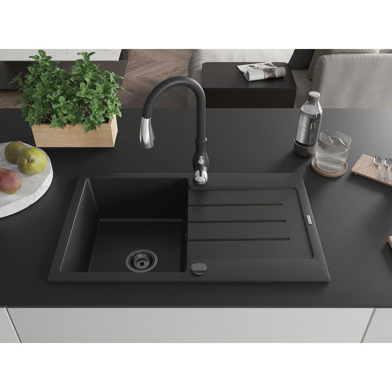 Mexen Bruno granite sink 1-bowl with drainer and Savita kitchen tap, black - 6513-77-672601-70-B