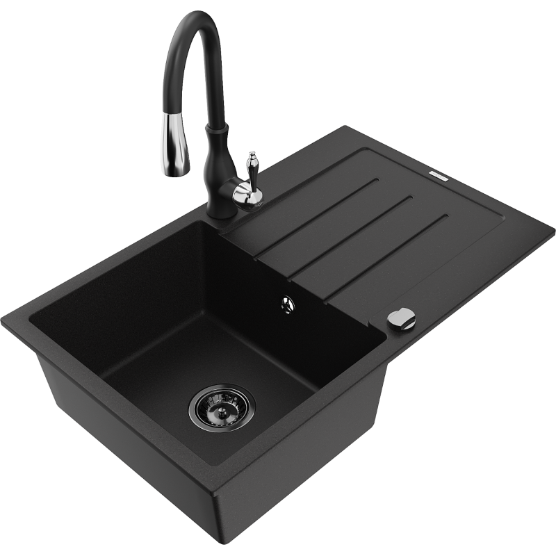 Mexen Bruno granite sink 1-bowl with drainer and Savita kitchen tap, black - 6513-77-672601-70-B