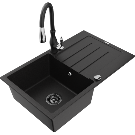 Mexen Bruno Granite Kitchen Sink, Single-Bowl with Drainboard and Savita Kitchen Faucet, Black - 6513-77-672601-70-B