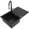 Mexen Bruno Granite Kitchen Sink, Single-Bowl with Drainboard and Savita Kitchen Faucet, Black - 6513-77-672601-70-B
