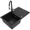Mexen Bruno granite sink 1-bowl with drainer and Savita kitchen tap, black - 6513-77-672601-70-B