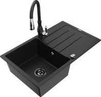 Mexen Bruno granite sink 1-bowl with drainer and Savita kitchen tap, black - 6513-77-672601-70-B