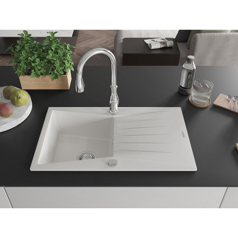 Mexen Cesar single-bowl granite sink with drainer and Savita kitchen tap, white - 6514-20-672601-00