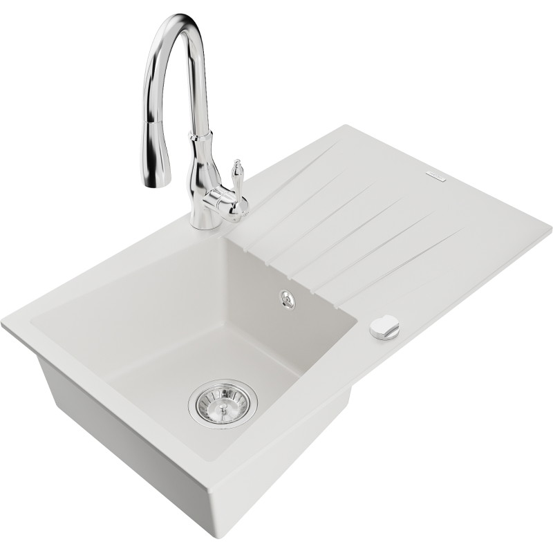 Mexen Cesar granite kitchen sink with one bowl, drainer, and Savita kitchen faucet, white - 6514-20-672601-00
