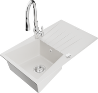 Mexen Cesar granite kitchen sink 1-bowl with drainer and Savita faucet, white - 6514-20-672601-00