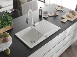 Mexen Cesar granite sink 1-bowl with drainer and Savita kitchen faucet, white - 6514-20-672601-20