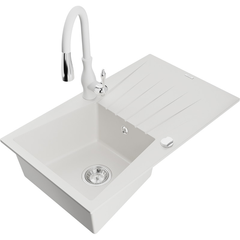 Mexen Cesar 1-bowl granite sink with drainer and Savita kitchen faucet, white - 6514-20-672601-20