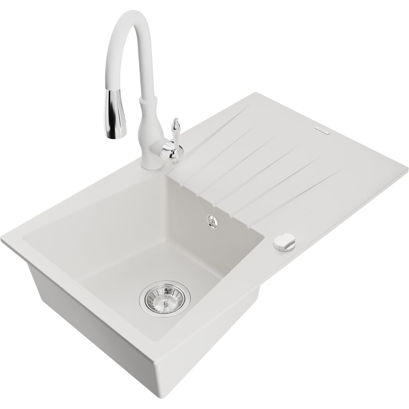 Mexen Cesar granite sink 1-bowl with drainer and Savita kitchen faucet, white - 6514-20-672601-20