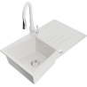 Mexen Cesar granite sink 1-bowl with drainer and Savita kitchen faucet, white - 6514-20-672601-20